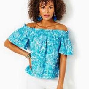 NWT Lilly Pulitzer Amalfi Blue Sunny State of Mind Leanne off the shoulder top
